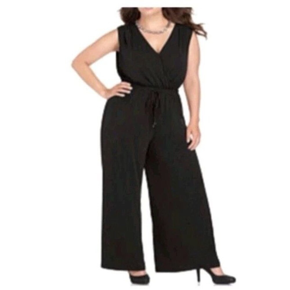 Spense Women's Romper Size 14 Black Wide Leg Jumpsuit Stretch Drawstring Waist